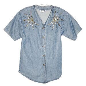 Vintage 80s Rhinestone Embellished Denim Shirt L XL Short Sleeve Goldtone Blue